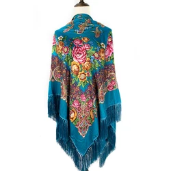 Large Size Russian Floral Print Square Scarf Women Traditional Ukrainian Polish Fringed Shawl Babushka handkerchief Head Wraps