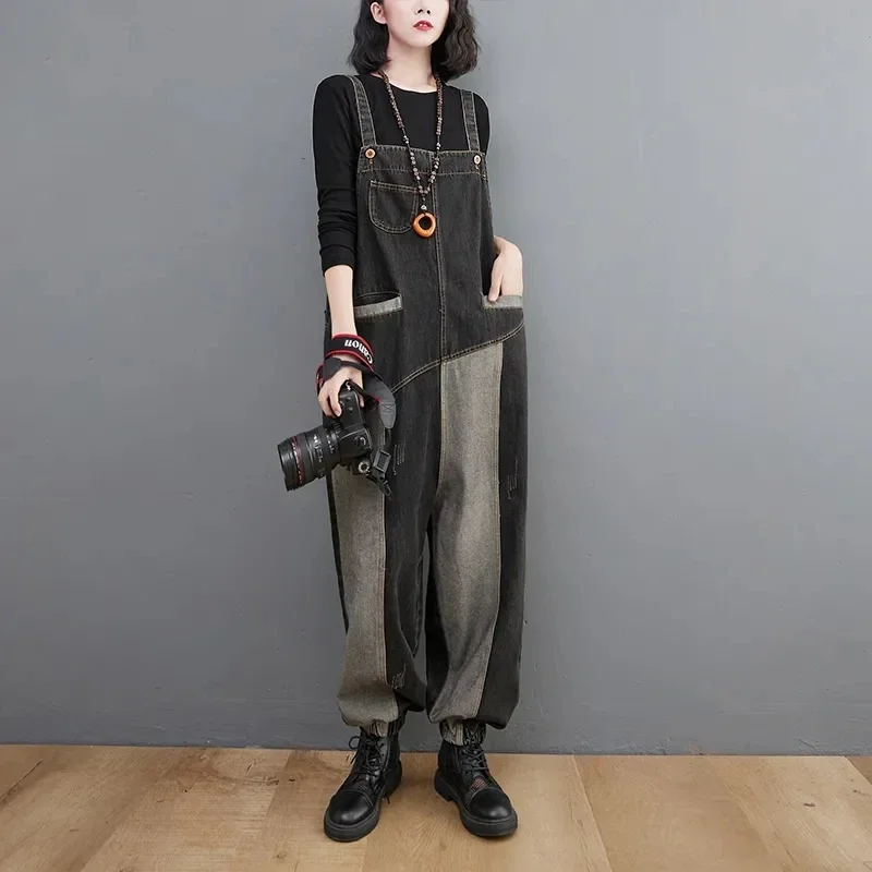 Personality Retro Color-blocked Straight Oversized Denim Overalls 2024 Women's Autumn Loose Streetwear Wide-leg Jumpsuit Tide