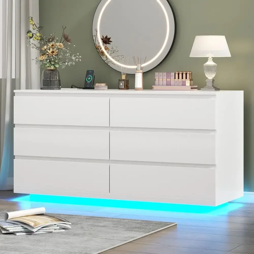 6 Drawer Chest with Power Outlet, Floating White Dresser with LED Lights, Double Wide Storage Cabinet for Bedroom or Living Room