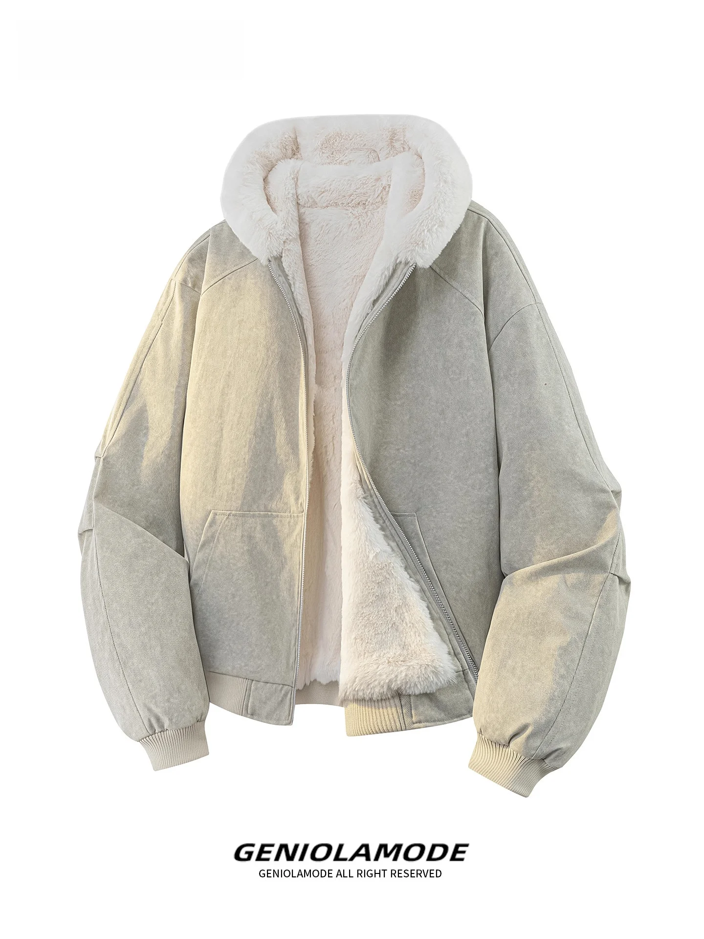 

Genio Lamode Faux Rabbit Fur Collar Hooded Jaet ey Polyester Filled Winter Coat for Men And Women Casual Youth Sle