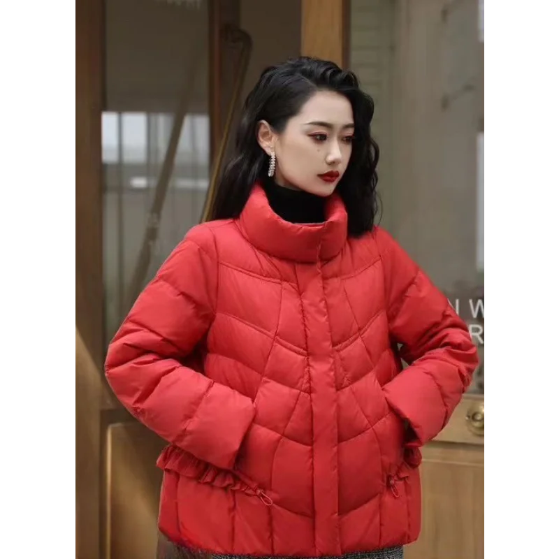 Chaqueta corta de plumón para mujer, versión coreana del cuello de moda, oreja de borde de madera, chaqueta holgada cálida para primavera y otoño, nueva