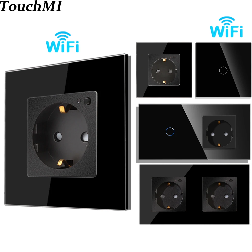 

TouchMi Wifi Smart Switch and Smart Socket Power Monitor with Black Crystal Glass Panel Need or NO Neutral Home Improvement