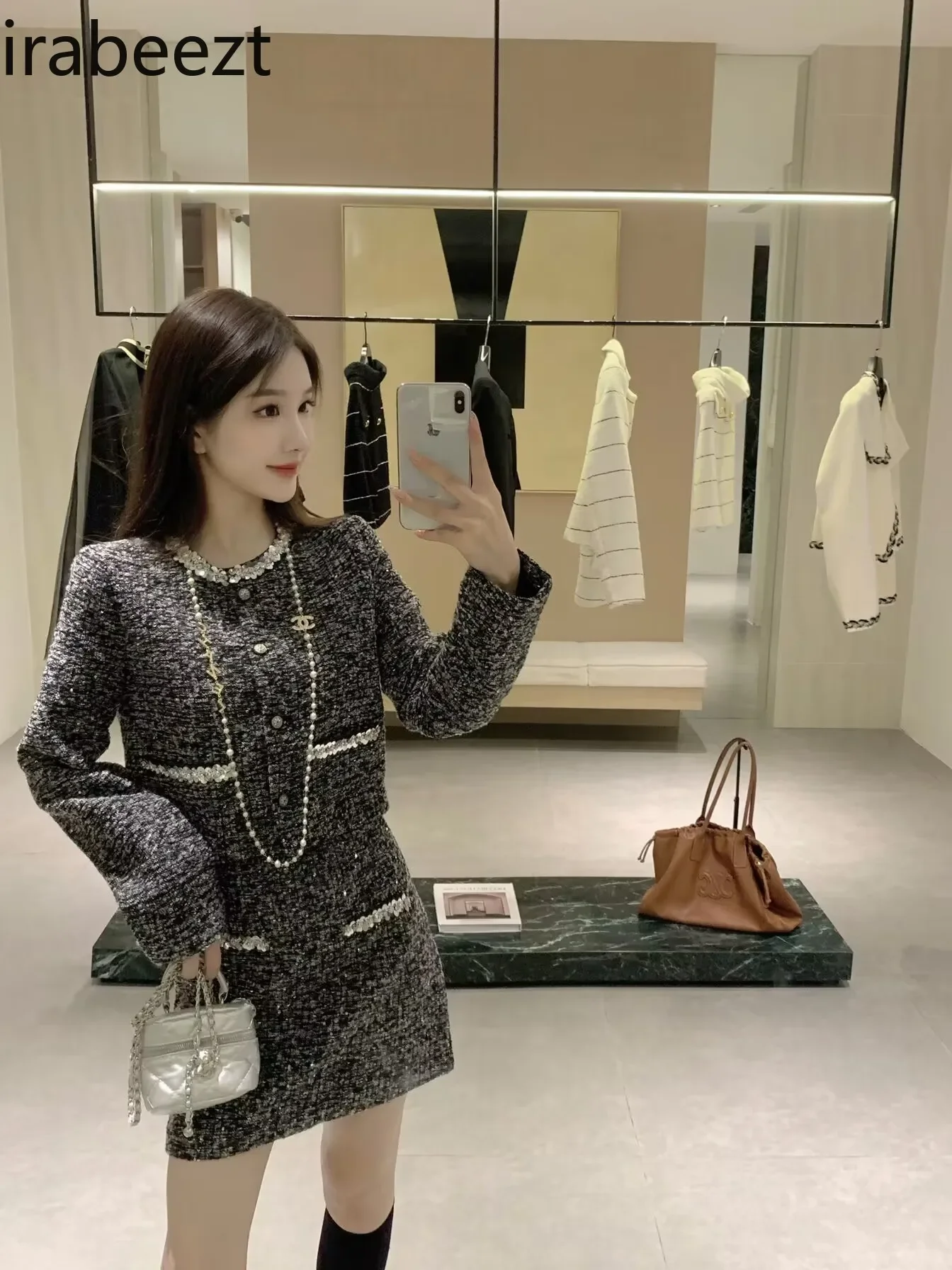 

Elegant Female Autumn Wool Tweed Short Coat High Waist Skirt Mainland China Slim Fit Conjuntos De Saias Tweed Set