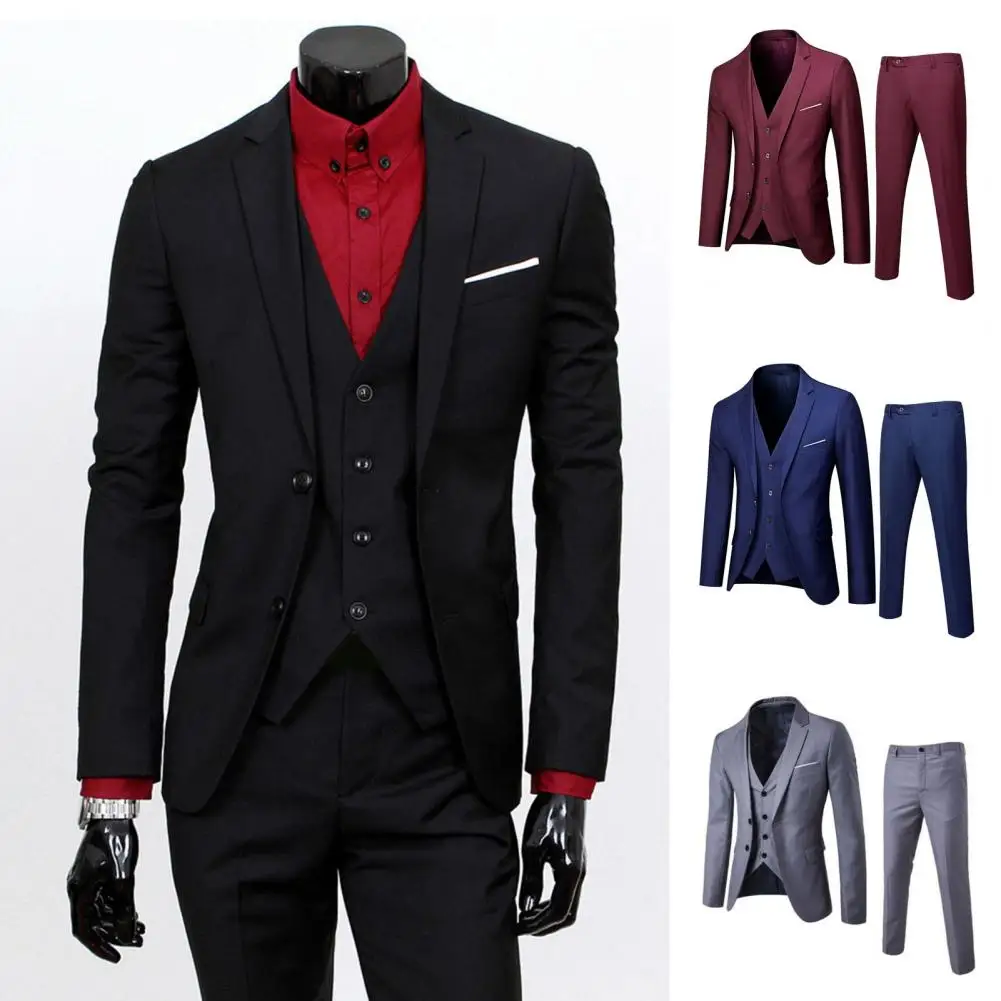 

3-piece Suit with Lapels Men Suit Set Elegant Formal Wedding Suit Set Slim Fit Vest Pants Classic Solid Color Business Outfit