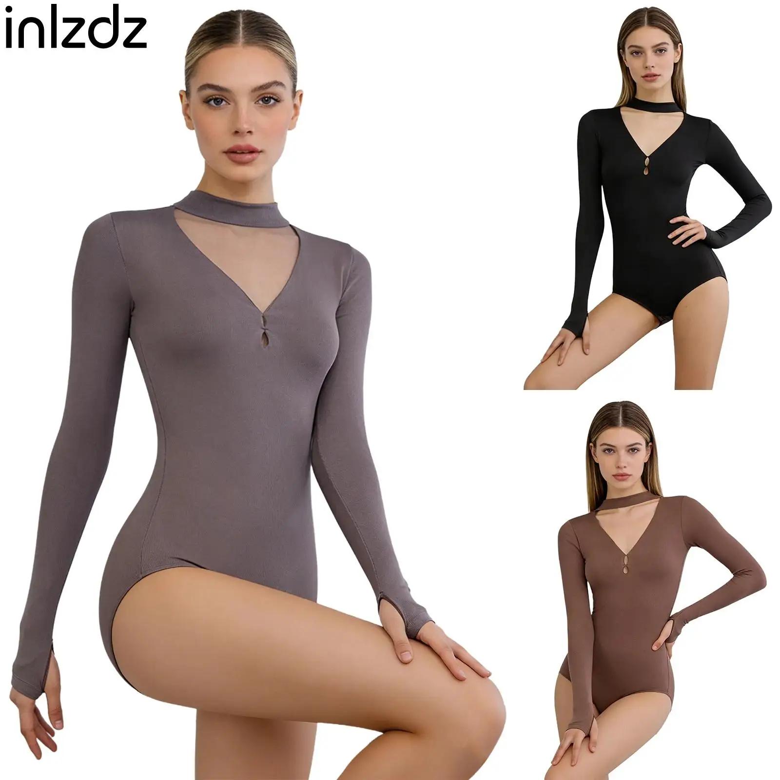 

Womens Flamenco Tango Latin Dance Costume Polyester Long Sleeves Bodysuit with Chest Pads Choker for Dance Class Performance