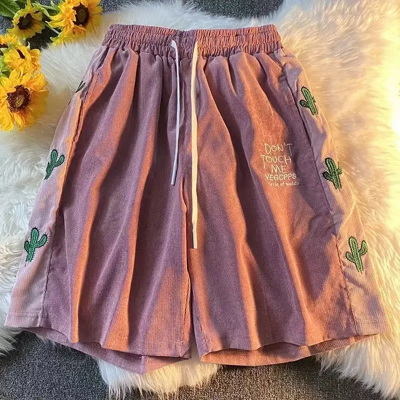 Vintage Shorts Femmes Pantalon Baggy S-3XL Broderie Harajuku Taille Élastique Adolescents Velours Côtelé D'été Kpop Tendance Y2k Couple Vêtements