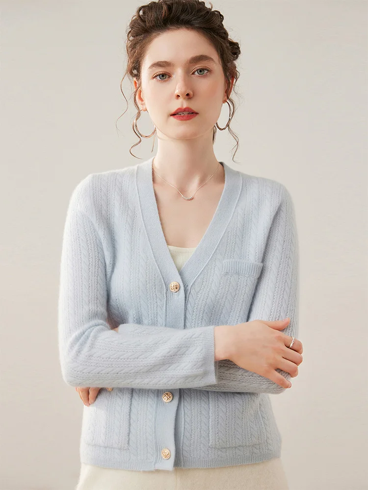 

New Women V-neck 100% Cashmere Cardigan Sweater Autumn Winter Soild Soft Comfort Elegant Long Sleeve Knit Jackets Office Lady