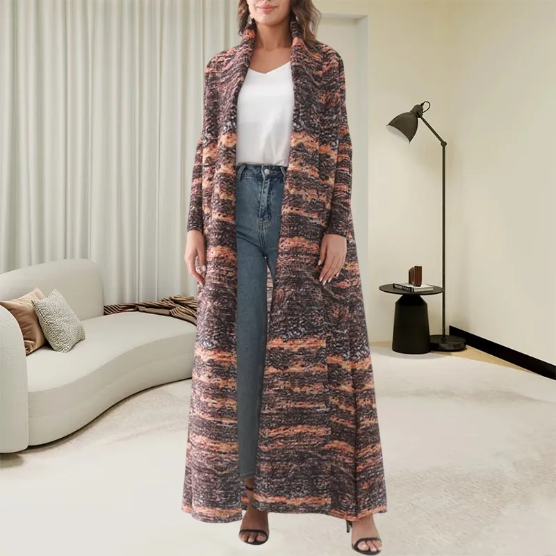 

Abaya Dubai Robe Trench Coat Miyake Temperament Ethnic Robe Saudi Pleated Printed Long Sleeve Large Size Stretch Jacket 57 Inch