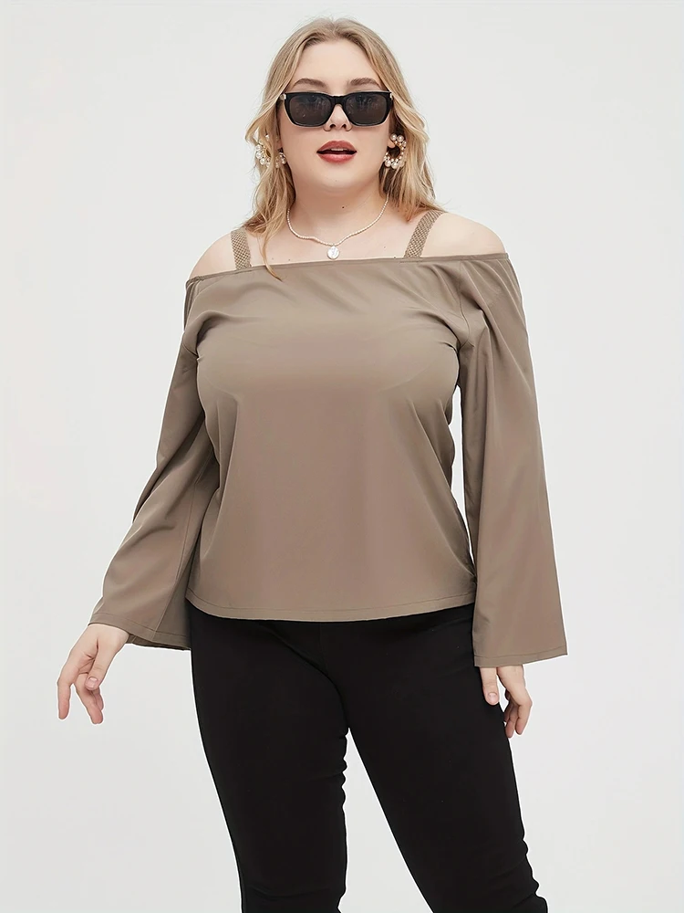 Mugen-Blusa feminina monocromática fora do ombro, camiseta casual, mangas compridas, roupas de primavera e outono, plus size, 2024