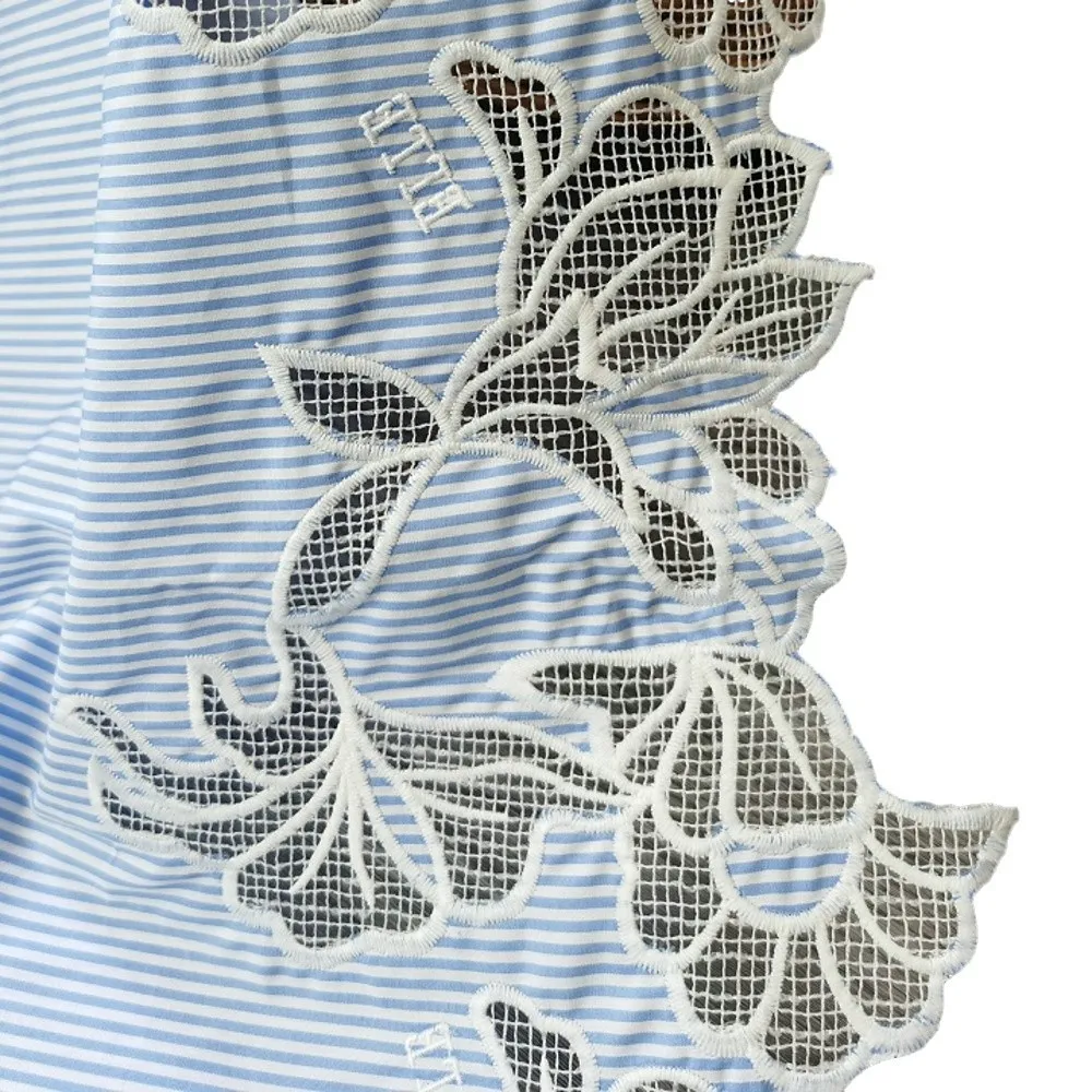 Blue Yarn-dyed Cloth Skirt Bilateral Floral Embroidery Cotton Fabric By The Meter view 5