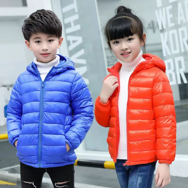 Autumn Kids Down Jackets Winter Boys Girls Thin Warm Outerwear Children Clothes Teen Solid Hooded Zipper Coats 2-12 Years