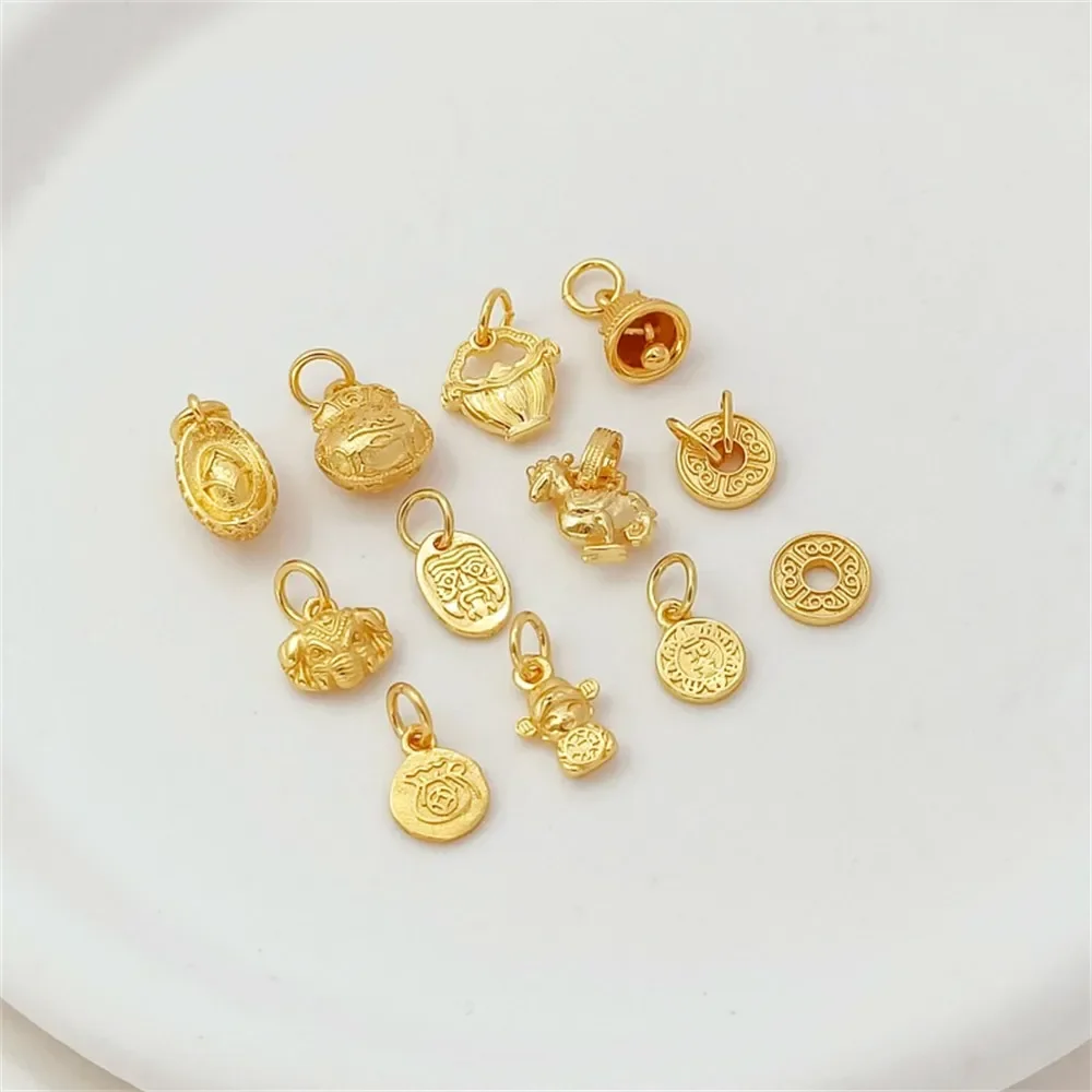 Petit éléphant plaqué or 24 carats, sac d'argent rond avec personnage «Fu», lingot, cloche de Fortune, petite goutte coulissante, pendentif de bijoux à faire soi-même