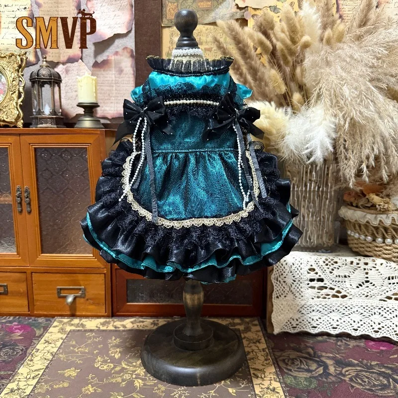 Elegant Lake Blue Pet Princess Dress Pearl Chain and Lace Ruffle Design Cute Puppy Kitten Clothes for Wedding Party Photo Shoot