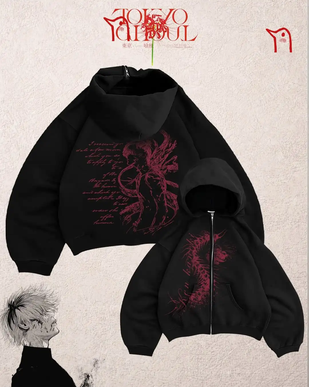 Y2k Tokio Ghoul Kollektion Hoodies Damen Harajuku Streetwear Pullover mit Reißverschluss Anime Hoodie Sweatshirt Trainingsanzug Herrenbekleidung
