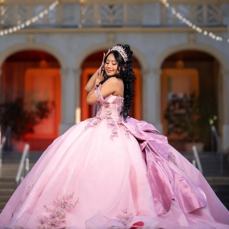 ANGELSBRIDEP-vestido rosa para quinceañeras, vestido de baile con corsé, Apliques de encaje, vestido de princesa dulce 16, vestidos de fiesta de cumpleaños personalizados