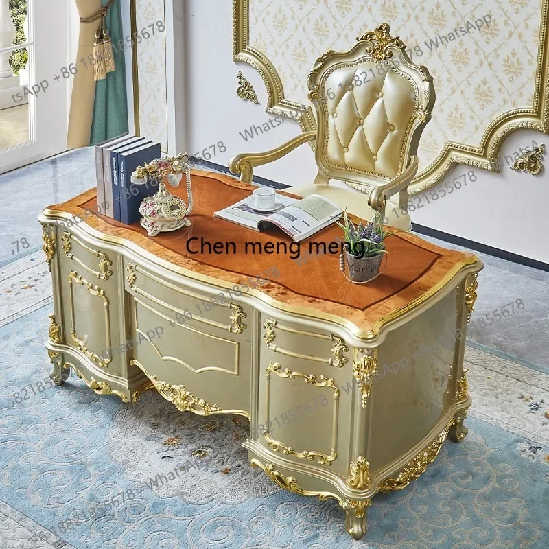 

L185 European Style Desk Luxury Full Solid Wood Villa Solid Wood Office High-end Champagne Gold Study Furniture Set