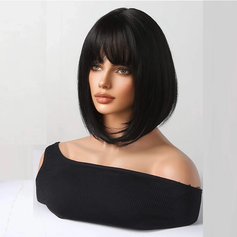 Peruca sintética de preto com franja para mulheres, resistente ao calor, perucas retas curtas, cabelo natural, afro, lolita, cosplay, halloween