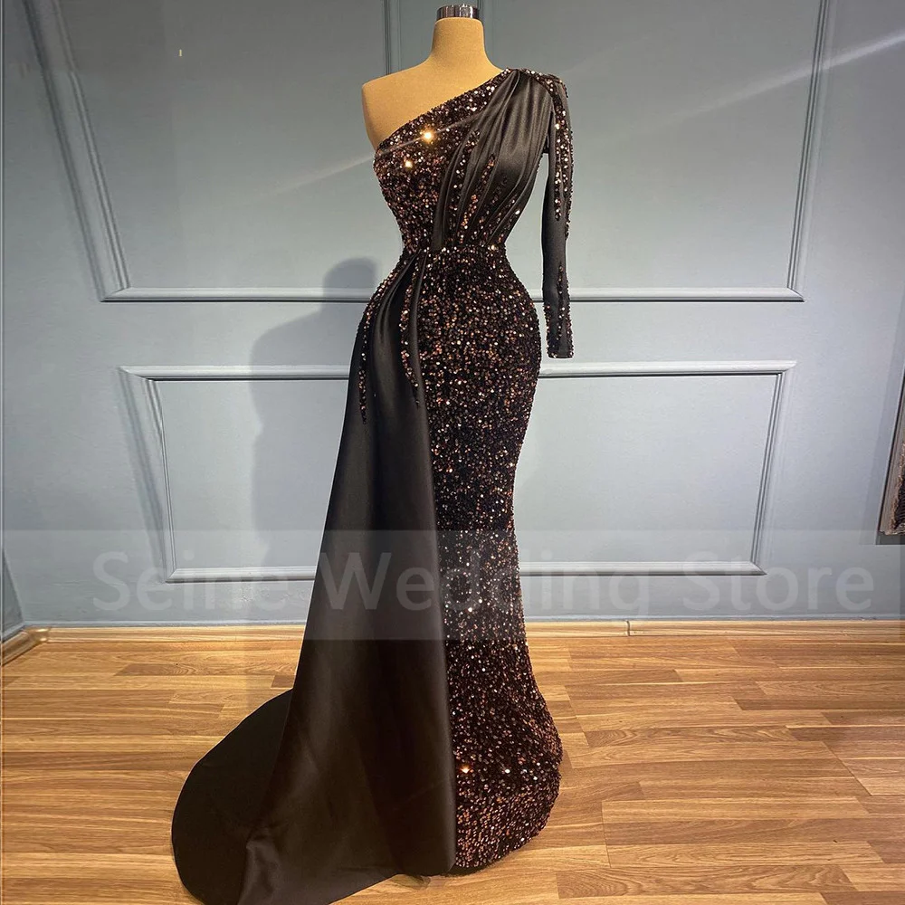 EOENKKY Glitter Evening Dresses 2022 Sequin One Shoulder Mermaid Evening Gowns Long Elegant Birthday Party Dress Robe De Soiree