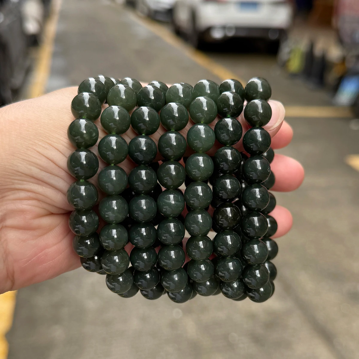 10mm 12mm Natürliches Hetian Nephrit-Jade-Armband mit runden Perlen, dehnbarer Edelsteinschmuck für Damen und Herren, Herz-Chakra-Harmonie-Geschenk – Detail 12
