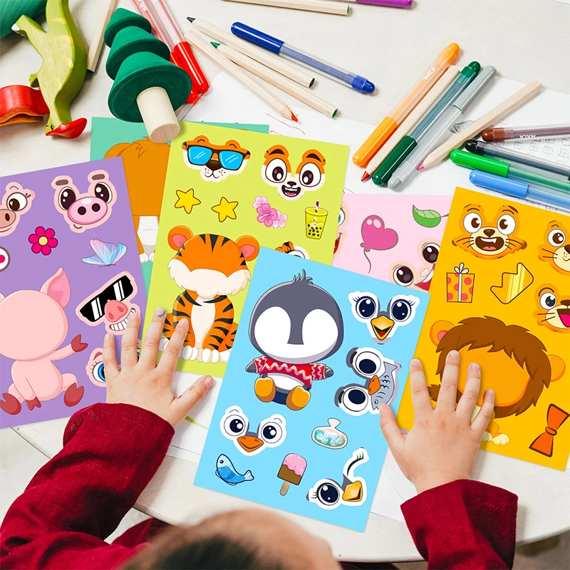 สติกเกอร์ตัวต่อรูปสัตว์การ์ตูน 6 แผ่น/ชุด สำหรับเด็ก ทำมือ ประกอบเอง สไตล์น่ารัก สร้างสรรค์ใบหน้าสัตว์ ของเล่นเกมสติกเกอร์