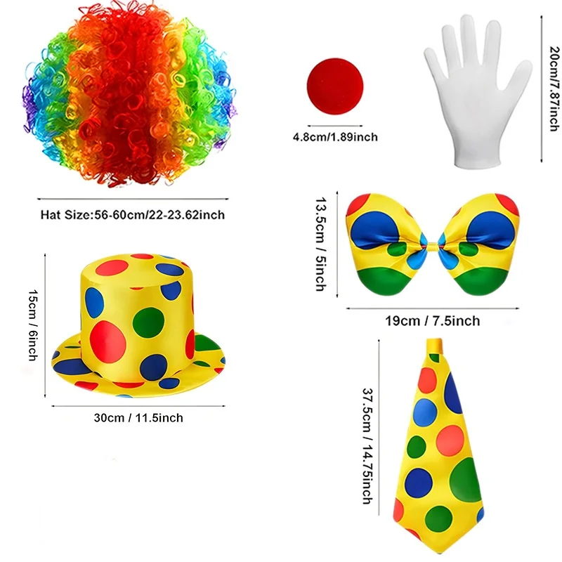 Clown costume set includes clown rainbow wig clown hat clown nose bow white glove  clown accessories