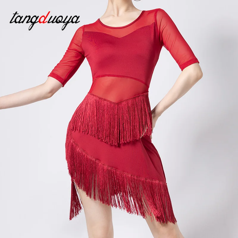 Women Competition Dance Clothes Set Half Sleeves Fringe Salsa Dresses Ballroom Ladies Latin Dress Ballroom tango Cha Cha Rumba