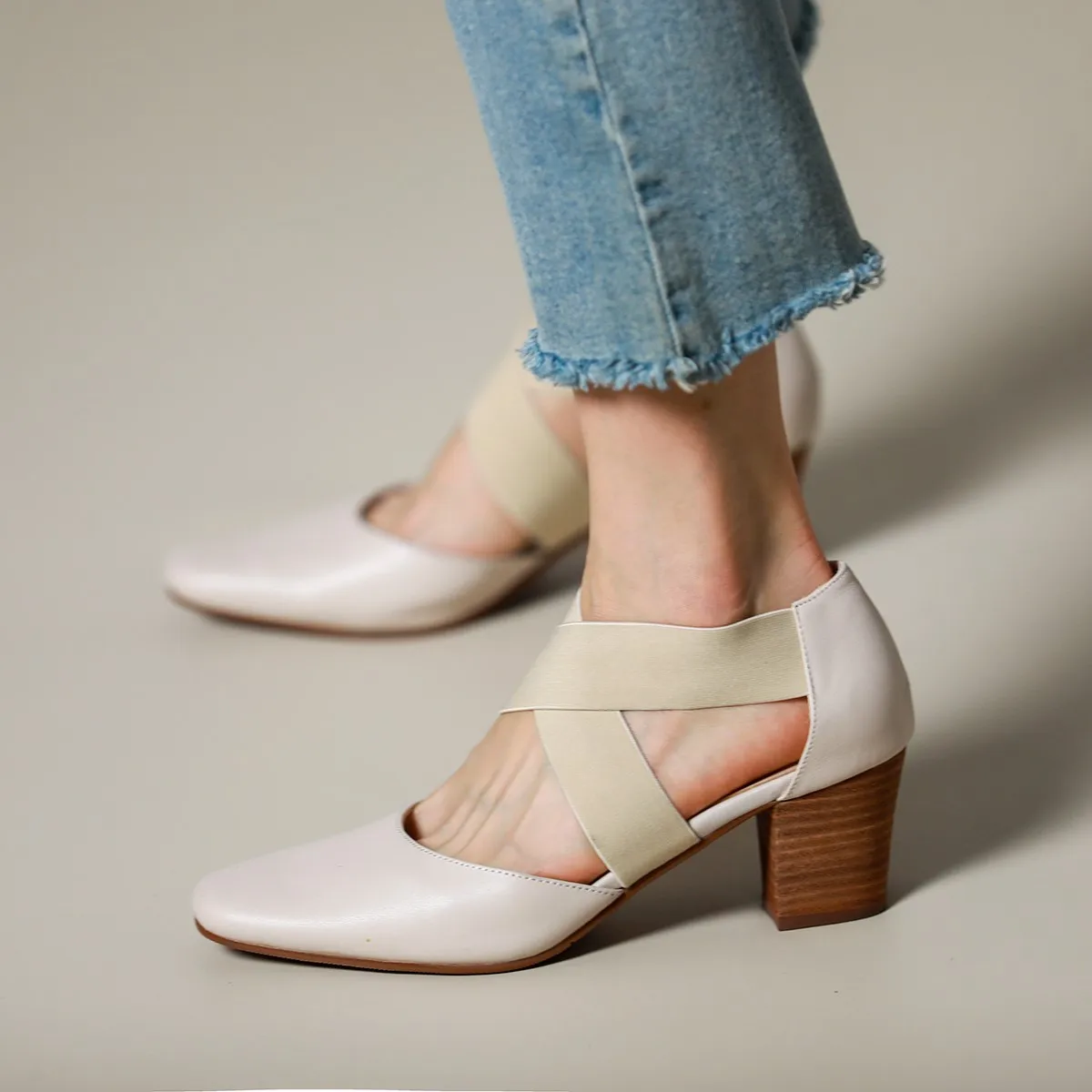 Tacón grueso 6,5 CM punta redonda estilo francés zapatos de verano de piel de vaca zapatos de tacón para mujer sandalias de mujer atadas cruzadas zapatos de tacón Retro para primavera y otoño