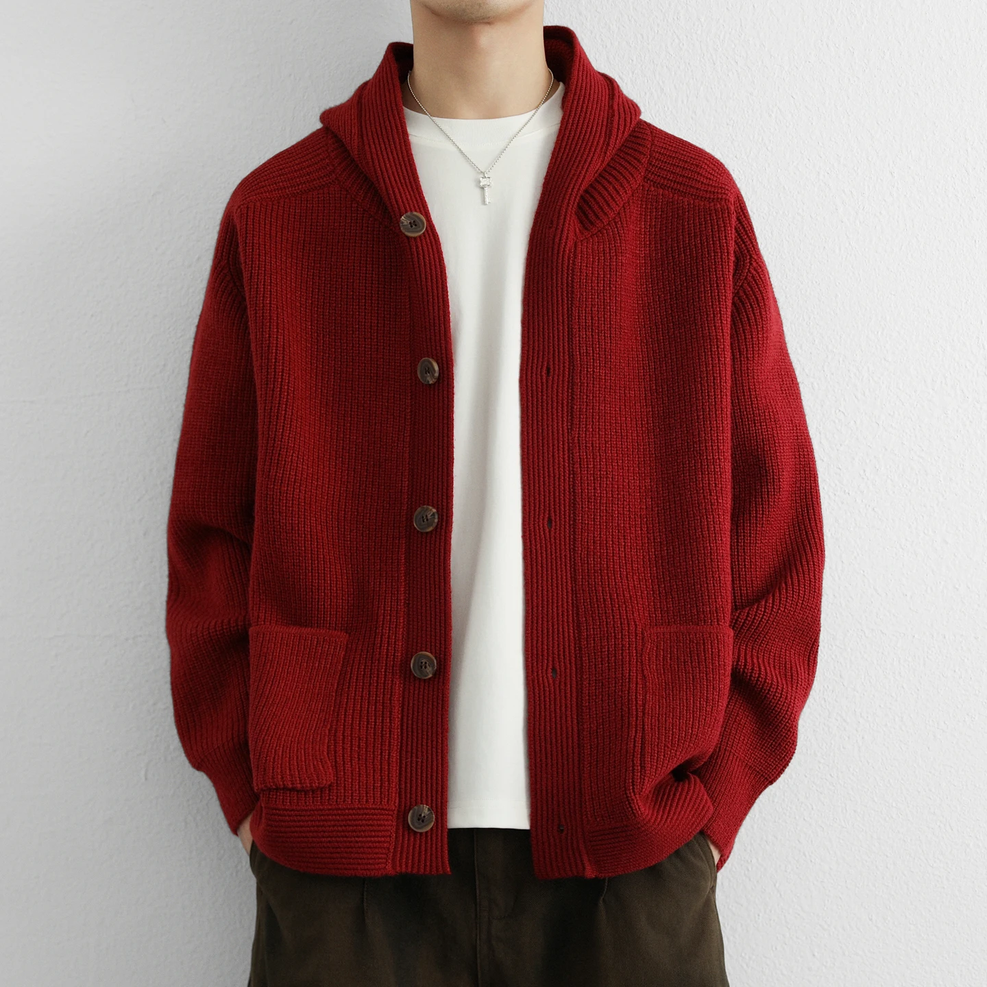 New Solid Color Hooded Cardigan Men Loose Knitted Sweater Jacket Fashion Streetwear Cardigans Mens Casual Hooded Sweatercoat