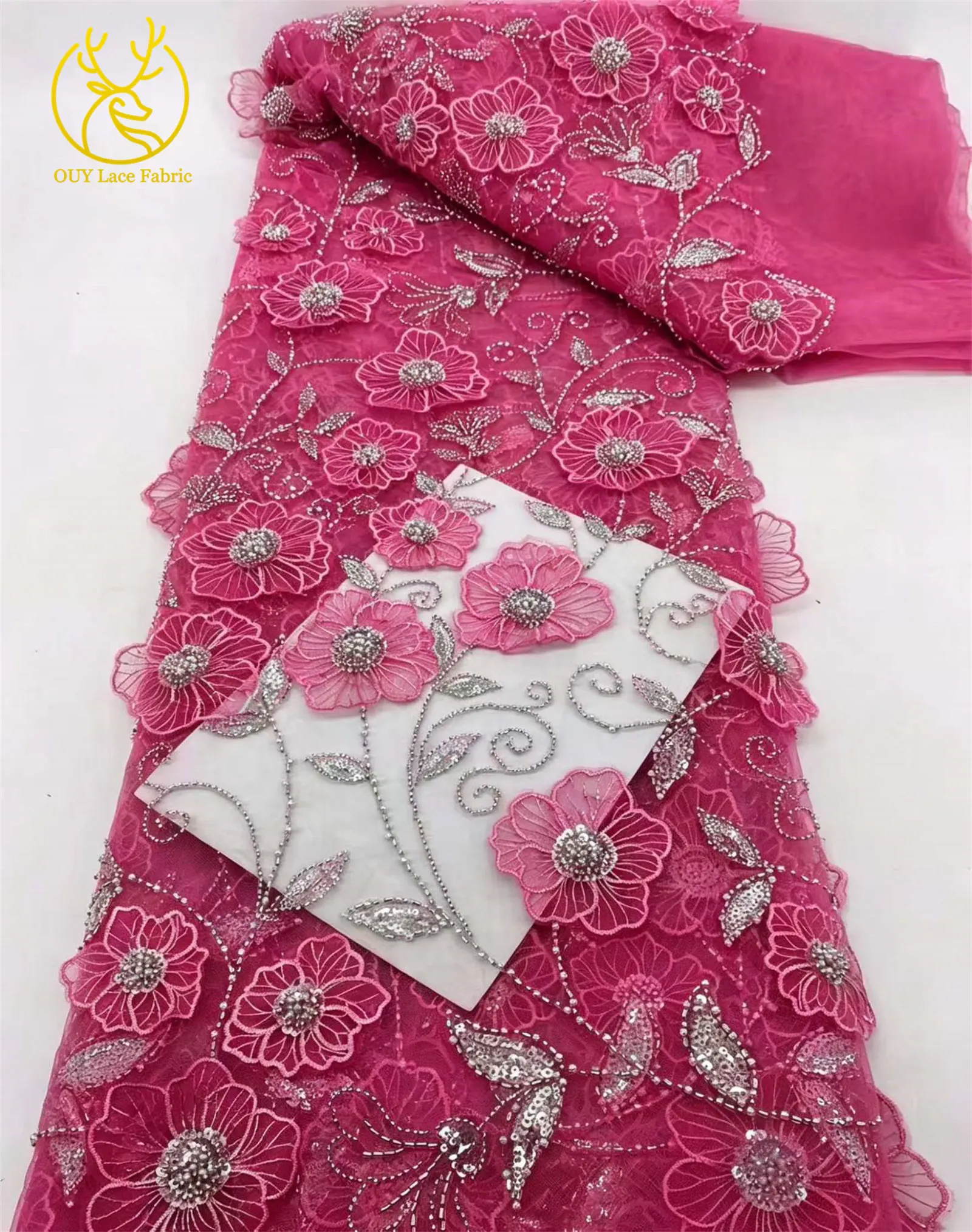 Eleganter nigerianischer 3D-Blumen-Stickerei-Spitzenstoff 2026 Hochwertiger afrikanischer Perlen-Pailletten-Spitzenstoff für Abendkleider – Detail 17