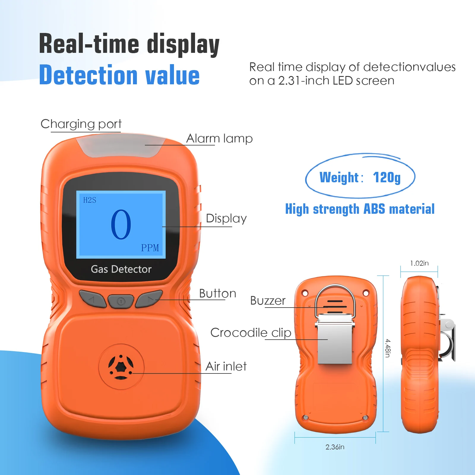 Gas Analyzer,H2S Hydrogen Sulfide Sensor,H2S Digital Display,Clip-on H2S Detector with Voice, Vibration, Red Warning Light, Suit