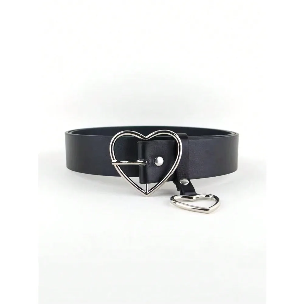 Fashionable Creative Women's Harajuku Heart-Shaped Buckle Belt With Detachable Pink Heart Pendant And Black Pu Strap