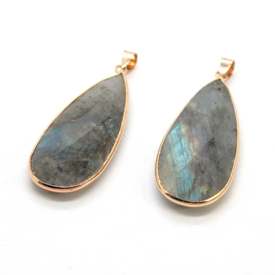 

Yellow Gold Color Spectrolite Water Drop Stone Pendant Necklace For Women Natural Labradorite Faceted Stone Pendant Man Jewelry
