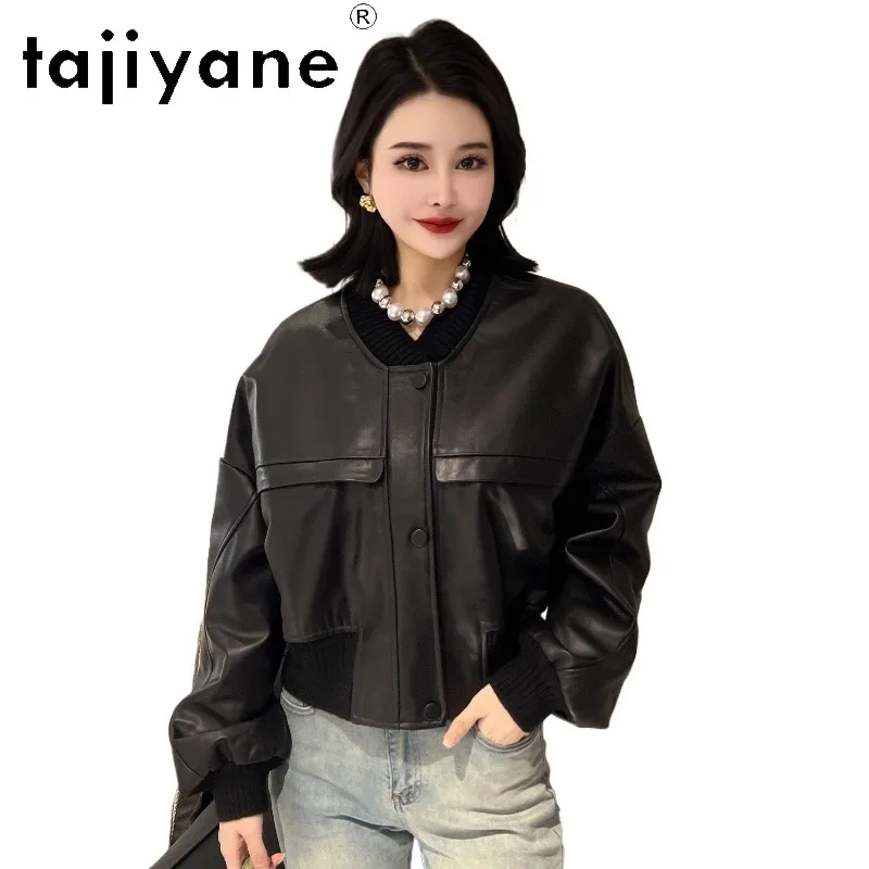 TAJIYANE Black Sheepskin Genuine Leather Jacket Woman Outerwear Casual Leather Coat Rib Collar Cropped Jackets for Woman Jaqueta
