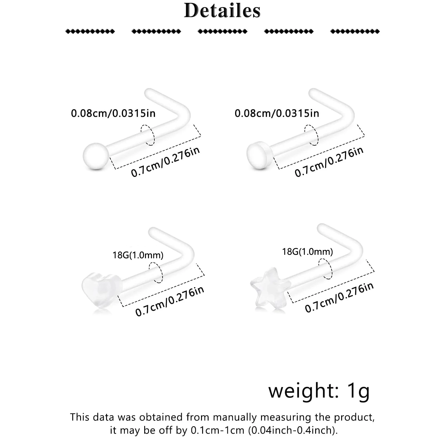 Clear Nose Studs Set Work Plastic Piercing Retainers for Surgery Sport School Small Tiny Invisible Nostril L Shaped Star Heart