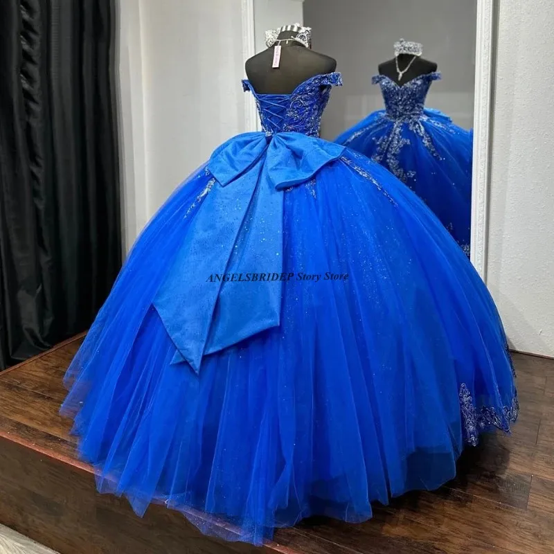 Angelsbridep Royal Blue Princess Quinceanera Dresses Appliques Beads Tull Corset Sweet 16 Birthday Vestido 15 Anos Customized