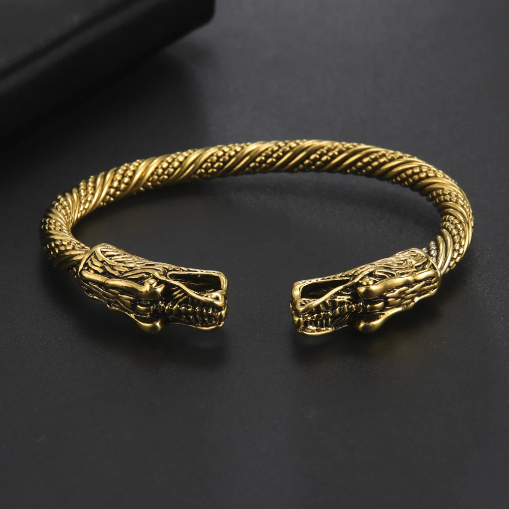 Dreamtimes Double Dragon Bracelet Wire Vintage Bangle Copper Alloy Jewelry Fashion Viking Bracelet Men Wristband Open Cuff