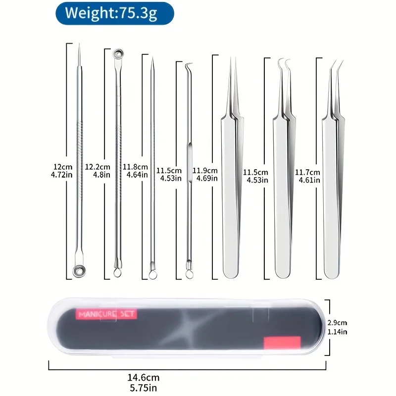 7個の黒ずみ除去ツール、金属製プロフェッショナルニキビ&コメドン除去ツール、無香料、サロン品質のフェイシャルケアキット