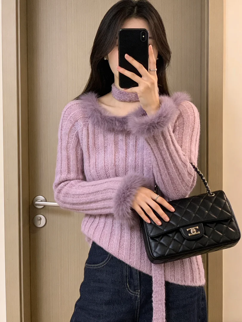 

Early Autumn Korean Sle Knitted ort Sweater Beautiful Purple Unique Ele Light Maturi Fem Faion Top