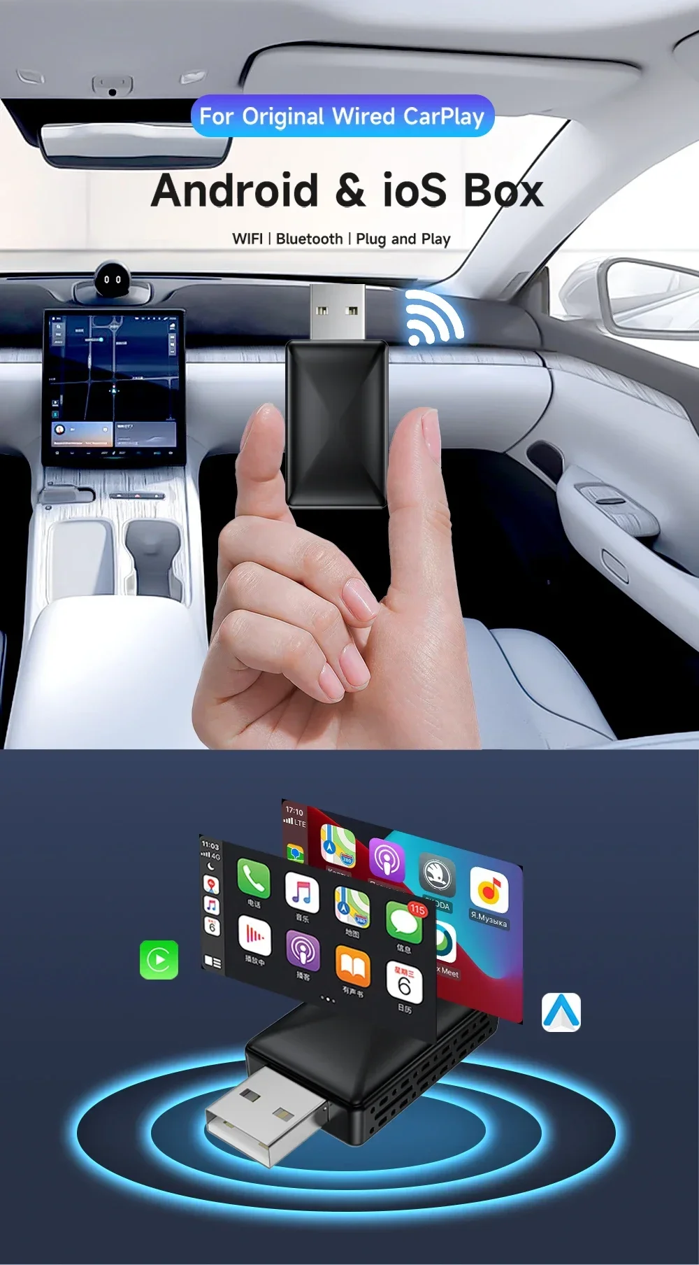 Carplay Auto Spielen Android Auto Wireless Adapter Smart AI Box Auto OEM Wired Android Auto Zu Wireless USB Dongle für Toyota Volvo – Detail 11