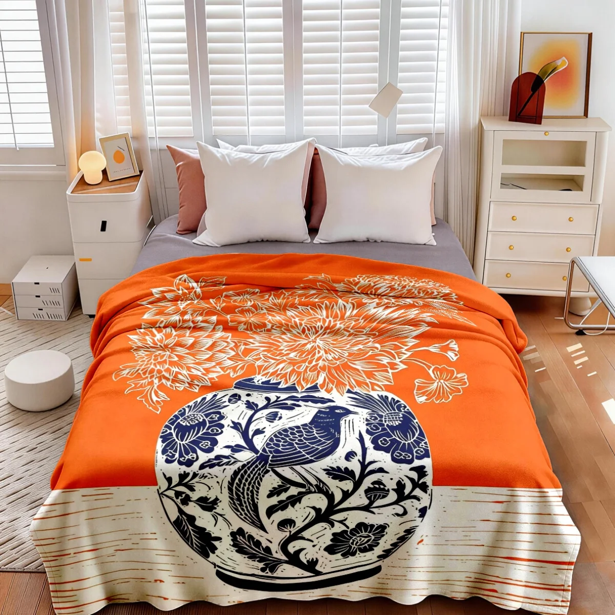 Bohemian Floral Print Orange Throw Blanket Blue Vase Pattern Cozy Decorative Plush Autumn Winter Decor for Sofa Bed Gift Idea