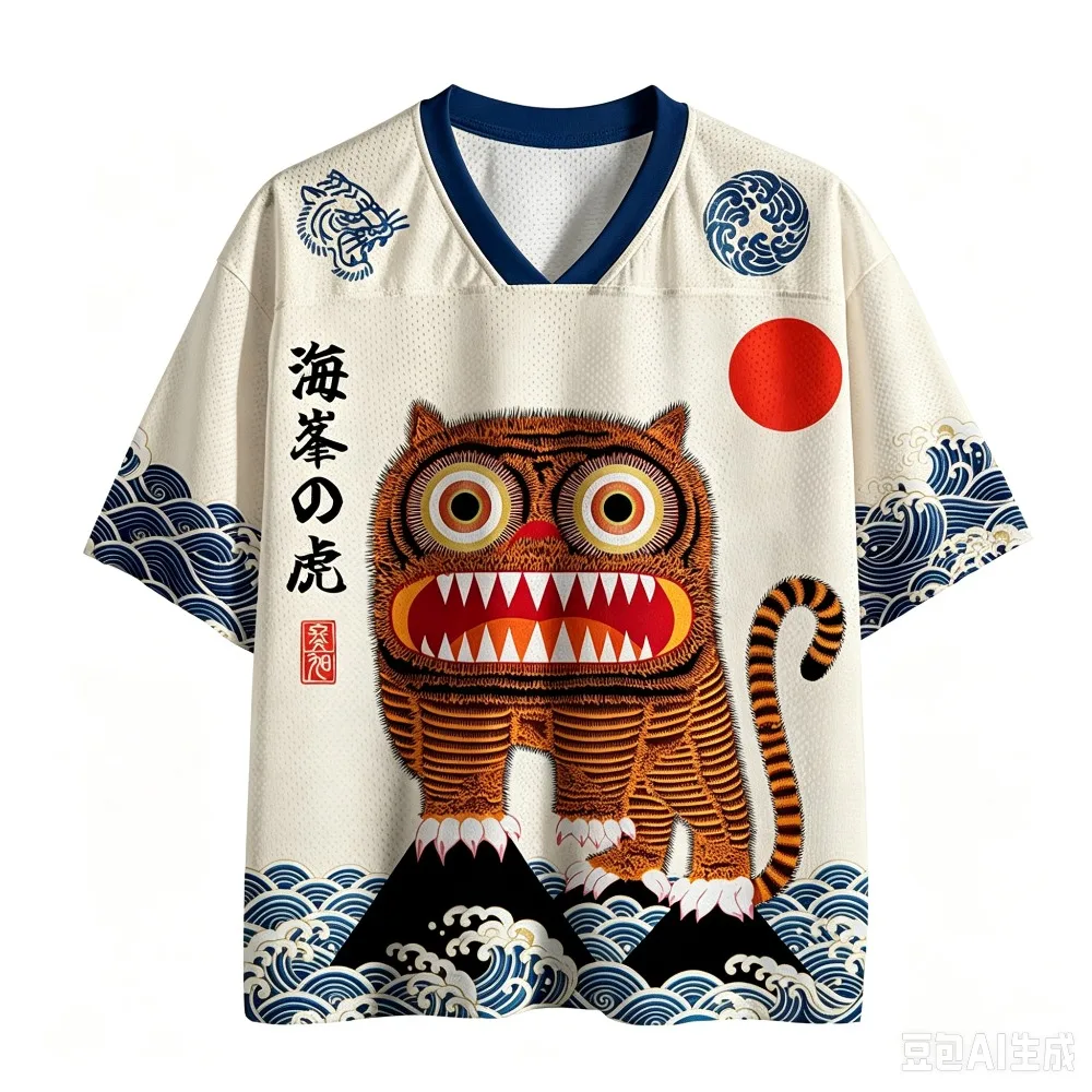 Retro Ukiyo-e Cartoon-Muster 3D-Druck Sport Schnelltrocknend Atmungsaktiv Herren V-Ausschnitt T-Shirt Outdoor Street Y2K Harajuku Casual Eltern-Kind – Detail 4