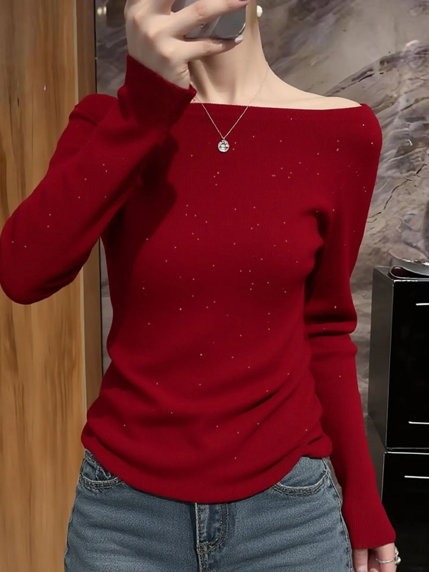 

Вязаный свитер Ele Long Sve из ангоры красного цвета для новогодних поездок на работу, модный базовый топ, женский корейский облегающий топ...