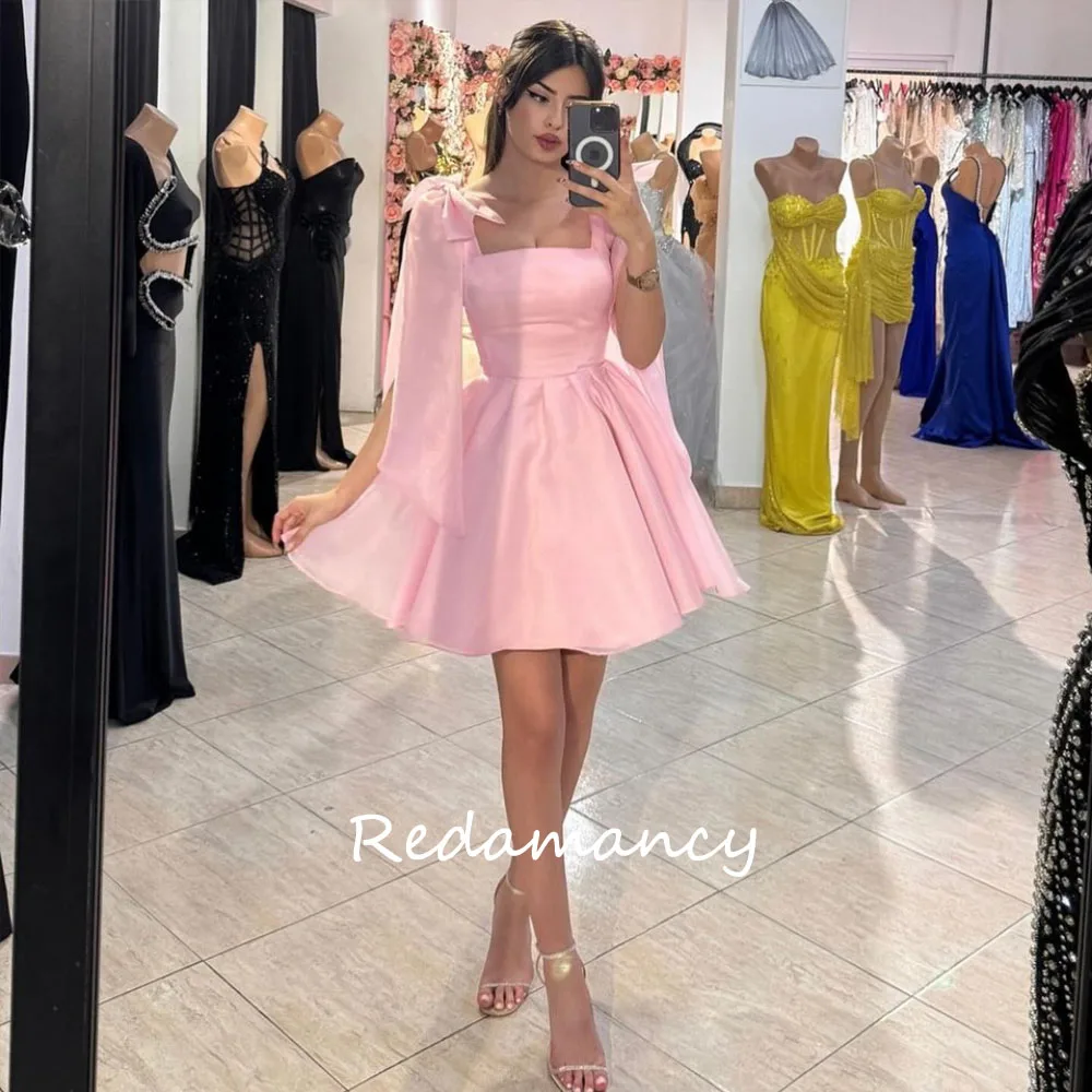 

Redamancy Pink Square Neck Organza Evening Dresses Spaghetti Strap Above Knee Prom Dress Elegant Short Dubai A-Line Party 2025