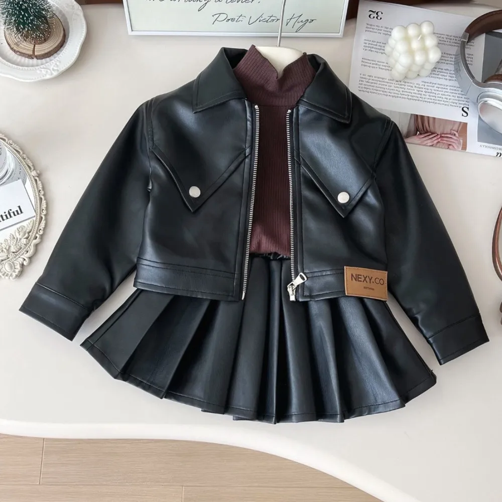 Korean Style Little Girls Fall 2 Pcs Clothes Set Leather Zip Jacket Elastic High Waist Pleated Mini Skirt Children Cool Outfit