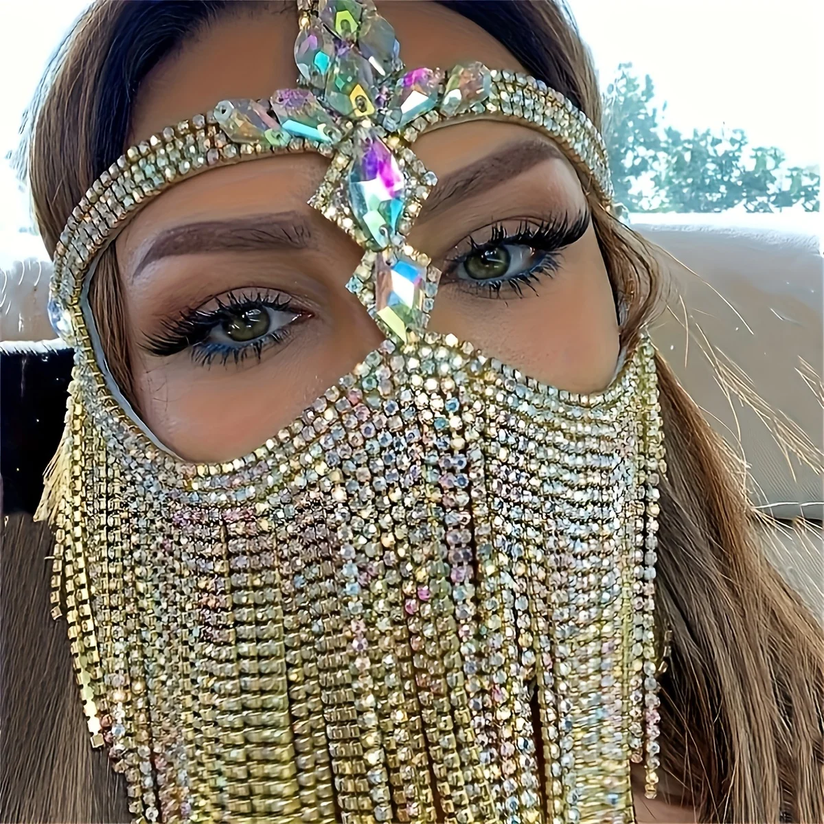 ผ้าคลุมหน้าประดับพู่ห้อยระยิบระยับสำหรับผู้หญิง พร้อมสายโซ่ประดับเพชรเทียม เครื่องประดับศีรษะสำหรับงานเต้นรำ งานแฟนซี  ผ้าคลุมหน้าแบบเซ็กซี่