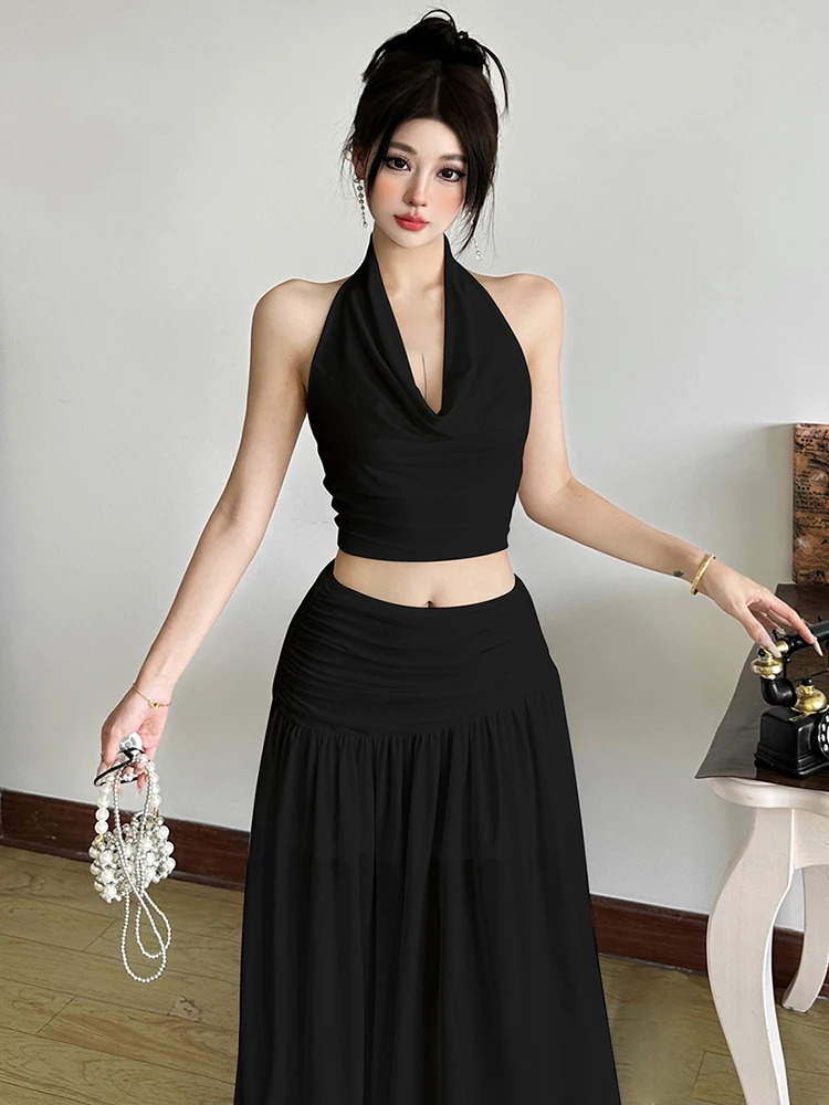 Nibber Pieghe Set da 2 pezzi Donna Halter Colletto altalena Mini gilet + Gonne lunghe Abiti eleganti per feste in spiaggia Abiti coordinati alla moda