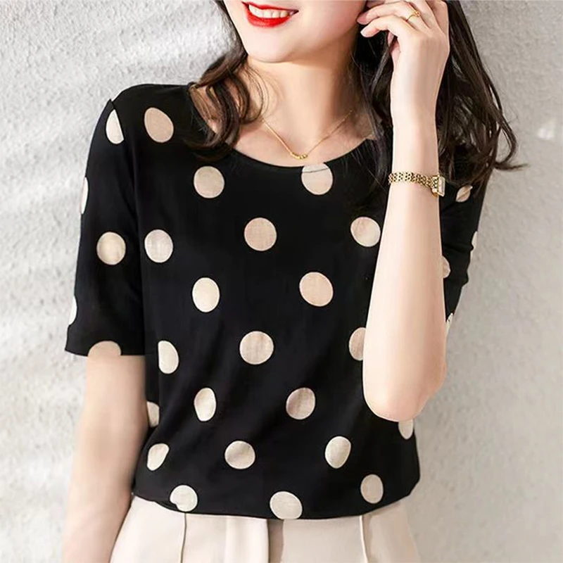 Summer Women\'s Vintage Polka Dot Printing Top Ladies Loose Casual Fashion Pullover Tee Femme Oversized T-shirt Female Clothes