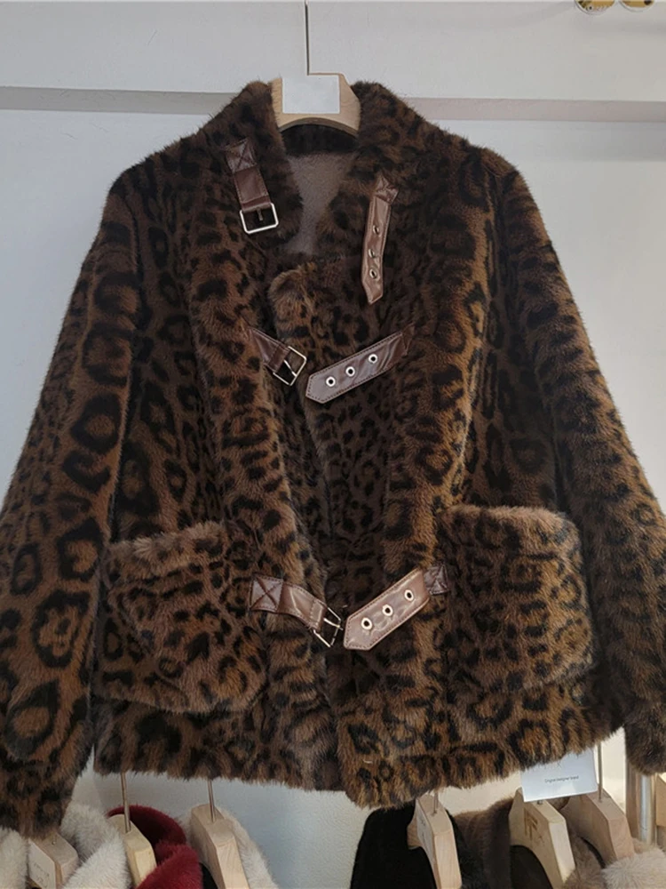 DEAT Trendy New Women's Leopard Print Faux Fur Coat 2024 Autumn Fashion Multi Belt Design Long Sleeve Jacket Female 33A1978