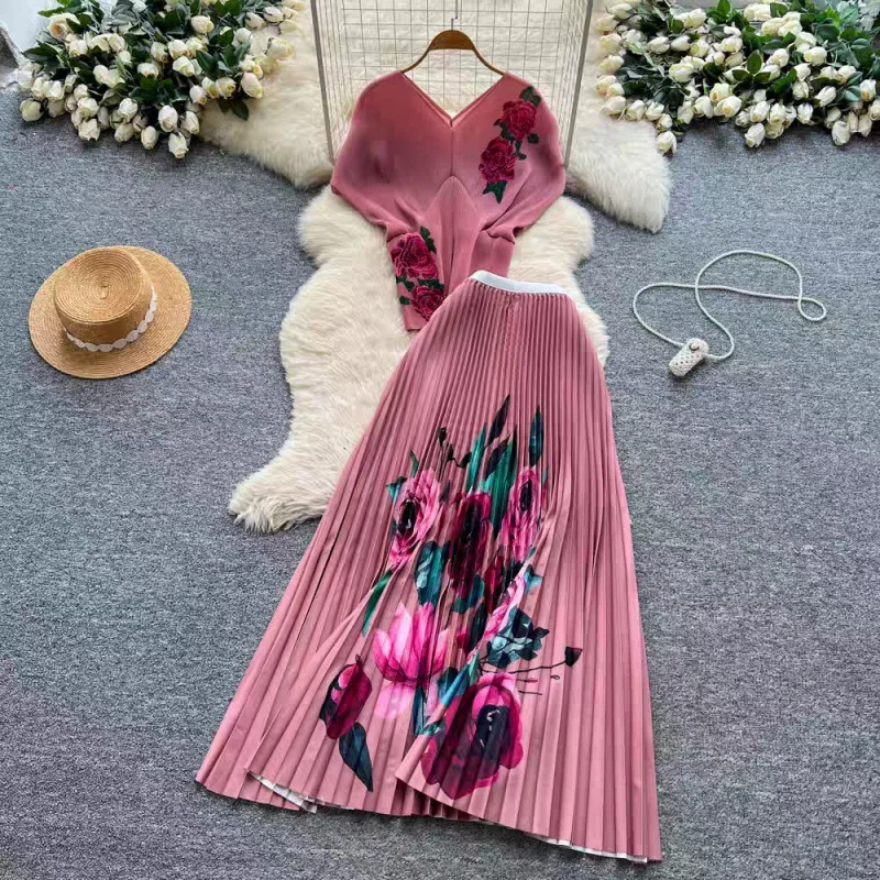 

Женский комплект больших размеров Rican Cross-Border Fashion: плиссированная юбка с принтом и эффектом похудения, миди-юбка с высокой талией, короткий рукав