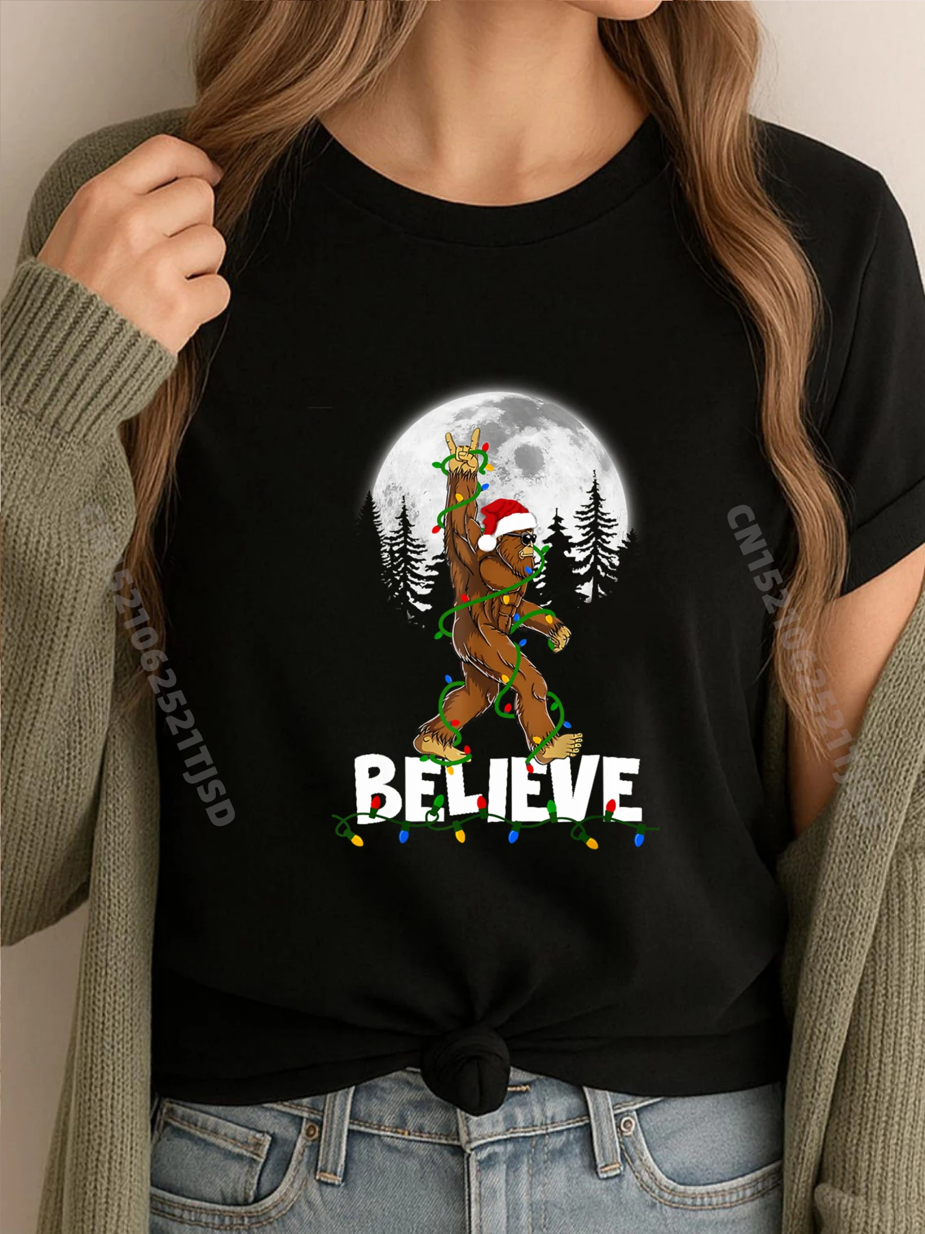 

Bigfoot Rock Roll Sasquatch Christmas Believe Graphic T Shirts Woman Cotton Tee Shirt Woman Tshirt Woman